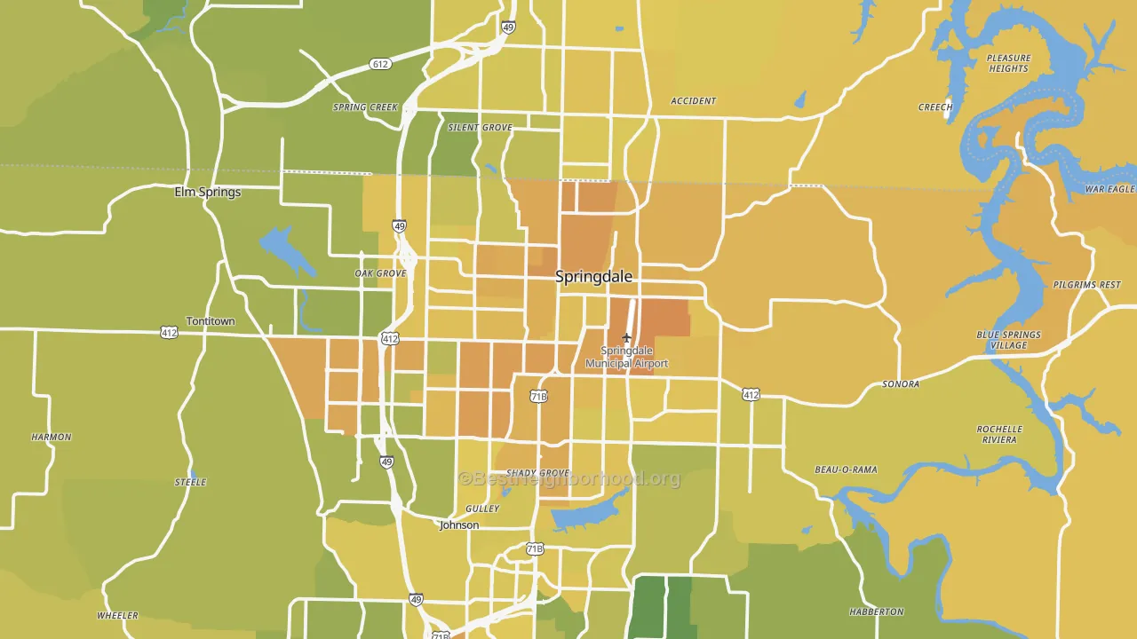 Map of the best neighborhoods in the Springdale area, with better matches in green and worse matches in red