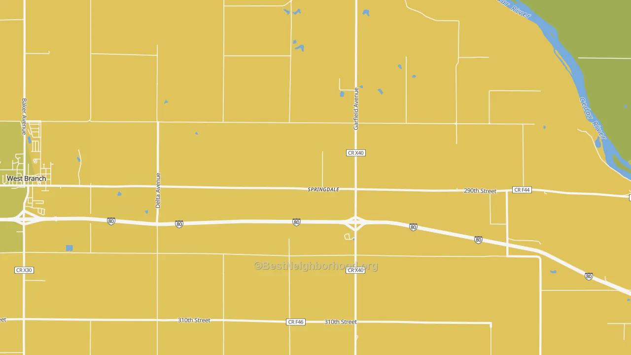 Map of the best neighborhoods in the Springdale area, with better matches in green and worse matches in red