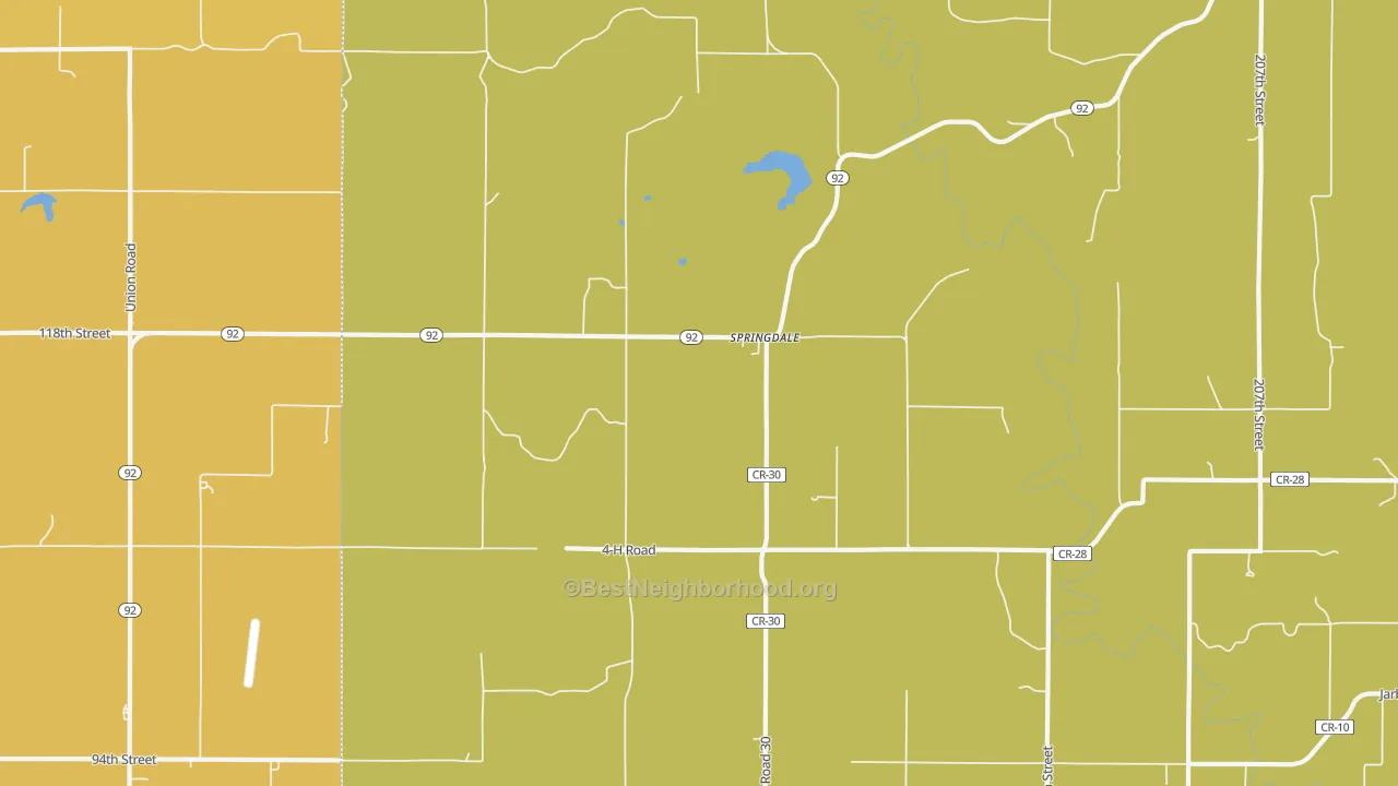 Map of the best neighborhoods in the Springdale area, with better matches in green and worse matches in red