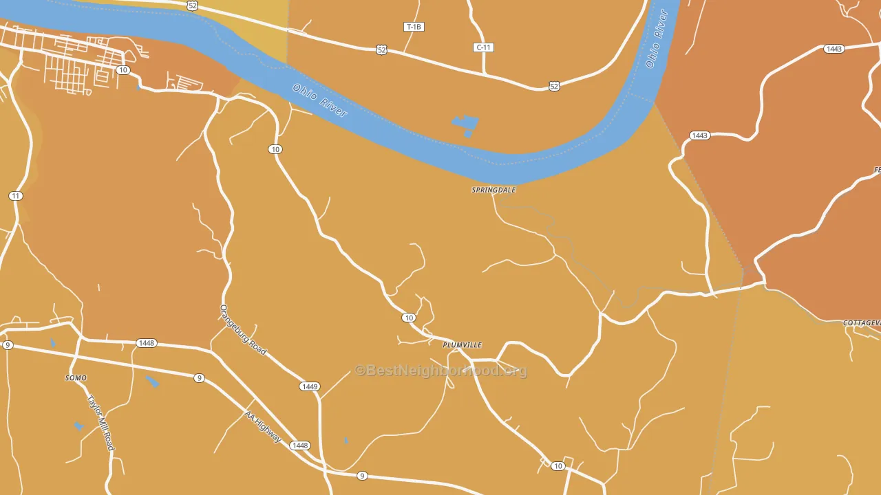 Map of the best neighborhoods in the Springdale area, with better matches in green and worse matches in red