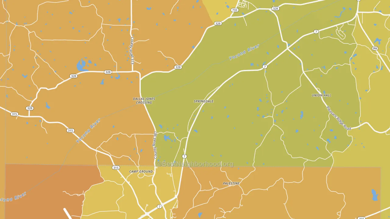 Map of the best neighborhoods in the Springdale area, with better matches in green and worse matches in red