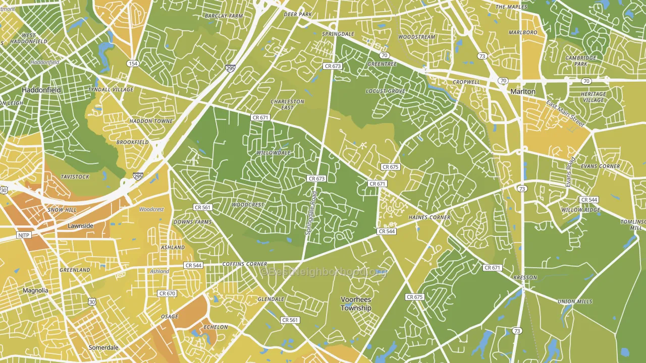 Map of the best neighborhoods in the Springdale area, with better matches in green and worse matches in red