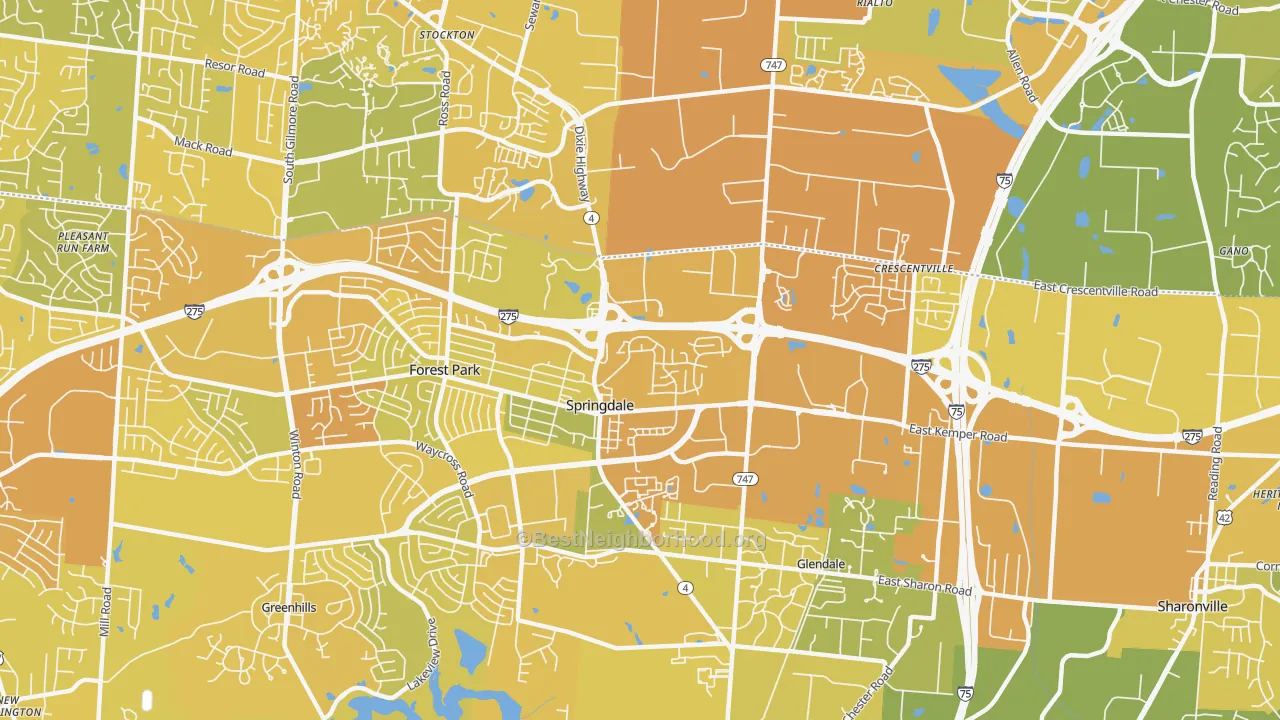Map of the best neighborhoods in the Springdale area, with better matches in green and worse matches in red
