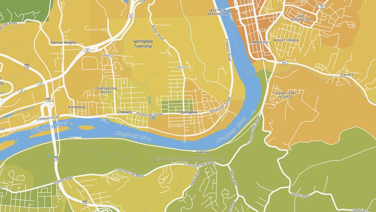 Map of the best neighborhoods in the Springdale area, with better matches in green and worse matches in red