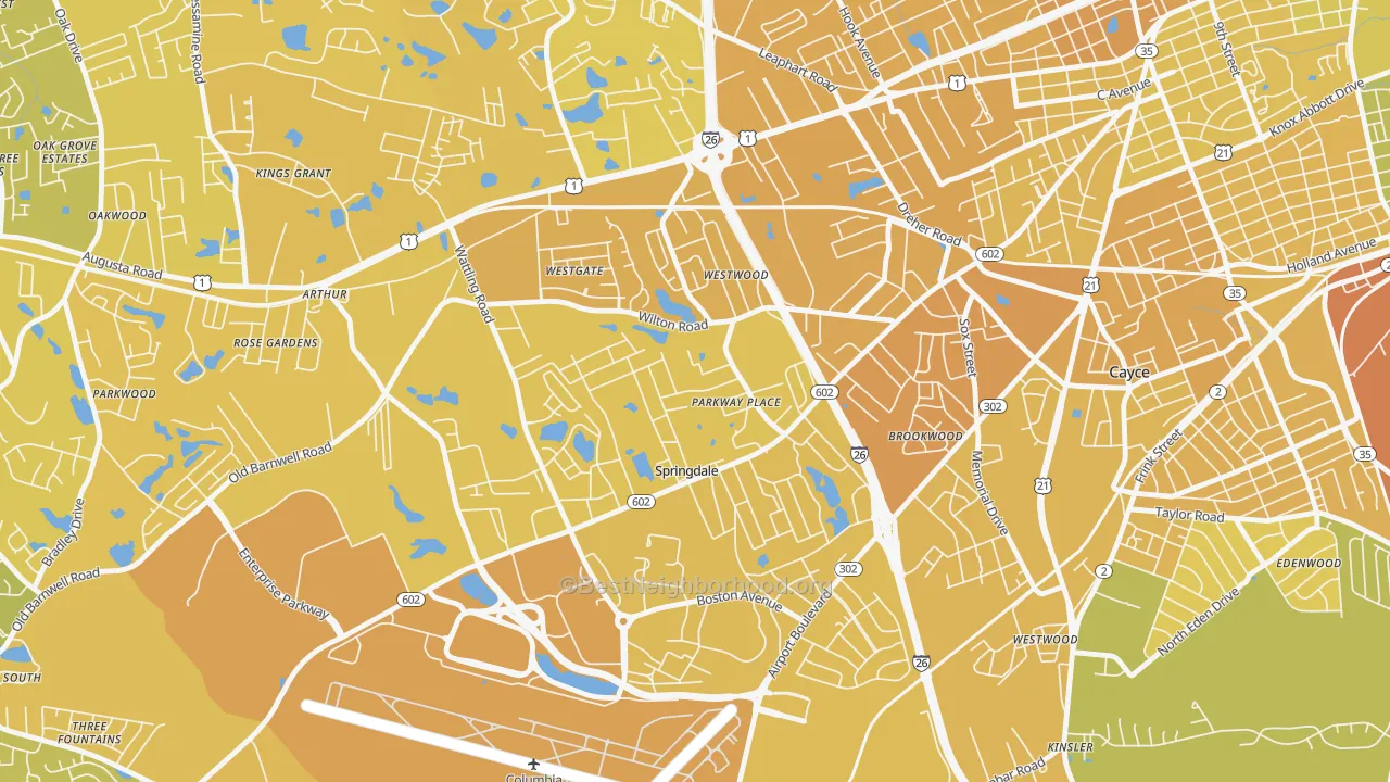 Map of the best neighborhoods in the Springdale area, with better matches in green and worse matches in red