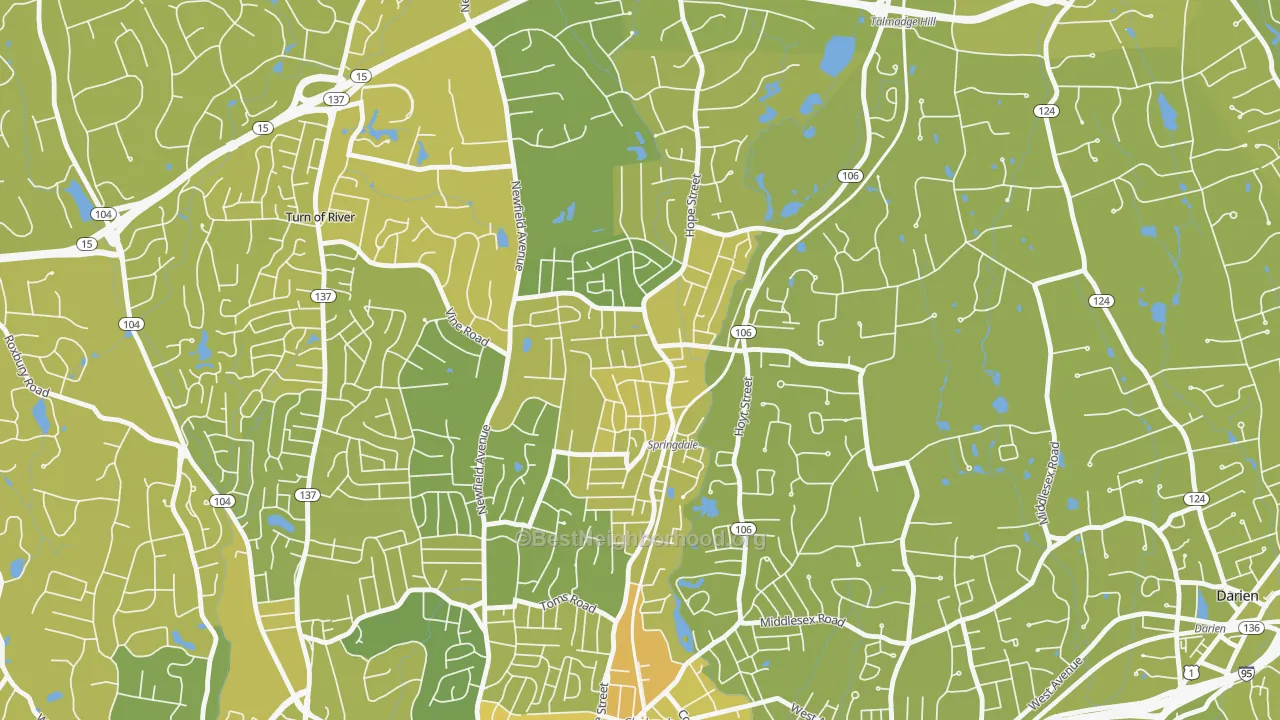 Map of the best neighborhoods in the Springdale, Stamford area, with better matches in green and worse matches in red