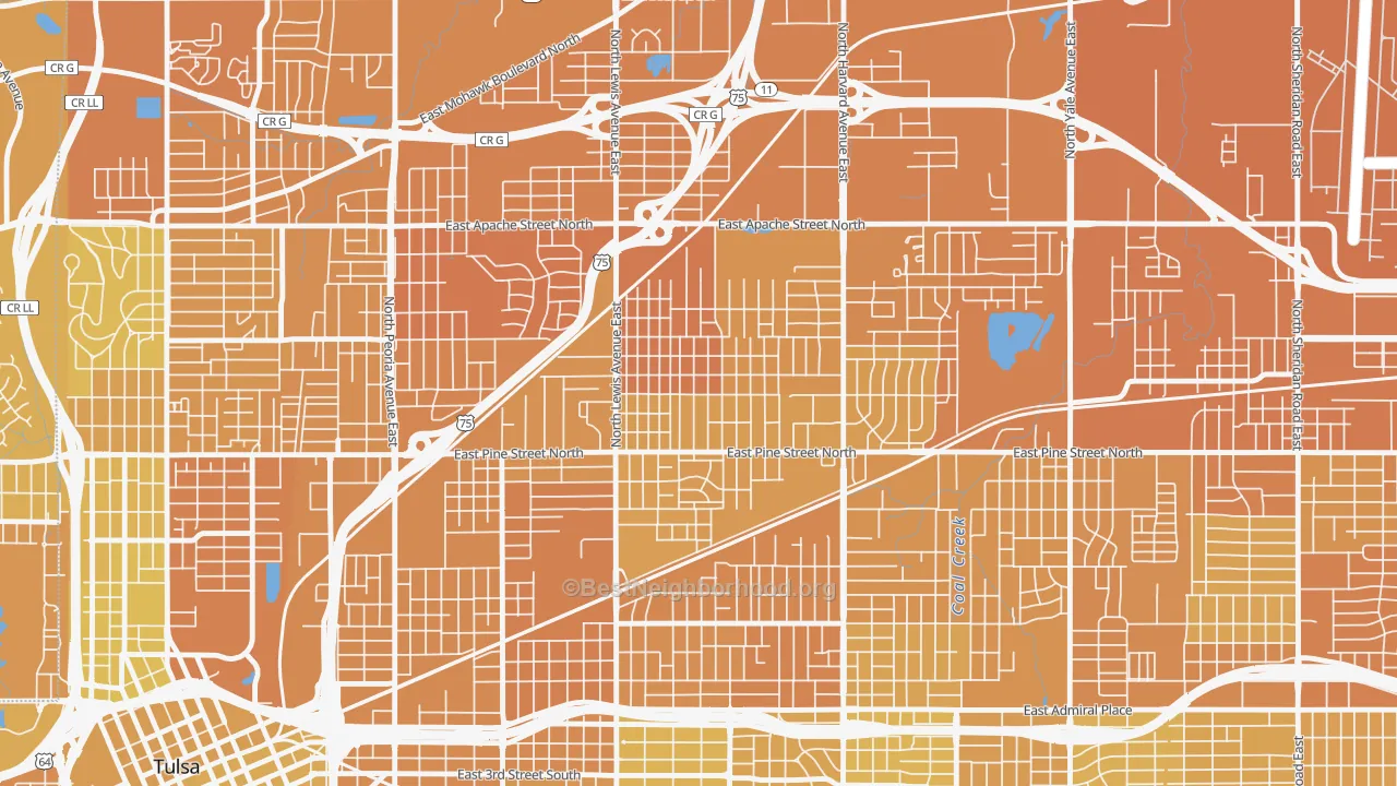 Map of the best neighborhoods in the Springdale, Tulsa area, with better matches in green and worse matches in red