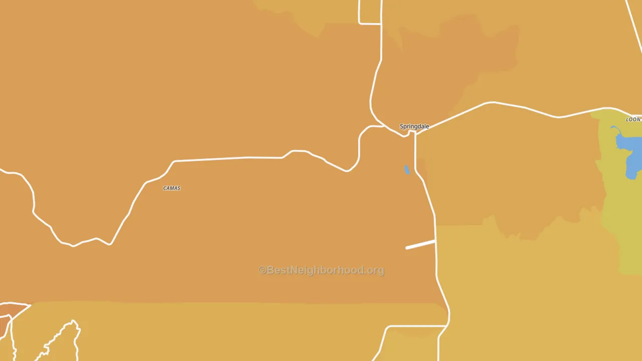 Map of the best neighborhoods in the Springdale area, with better matches in green and worse matches in red