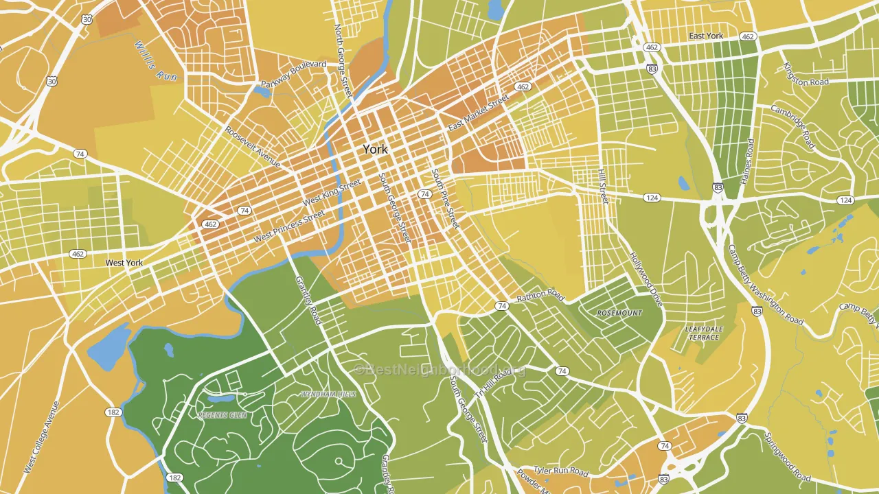 Map of the best neighborhoods in the Springdale, York area, with better matches in green and worse matches in red