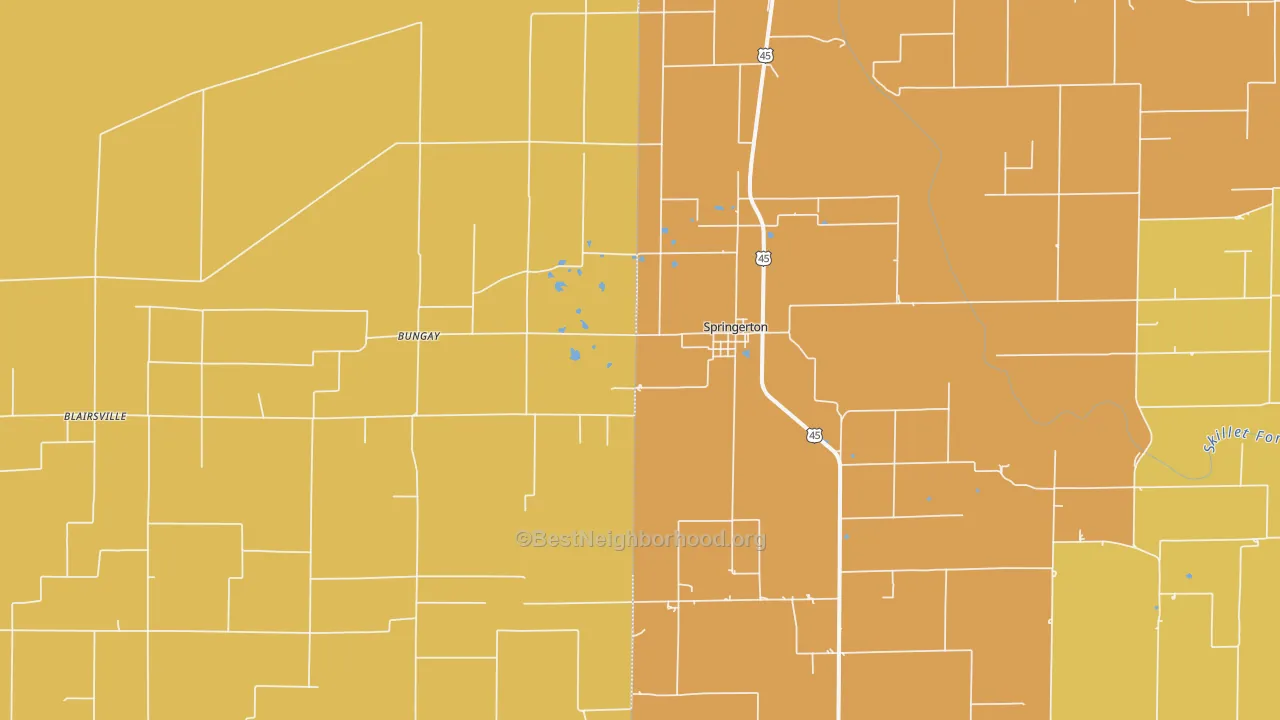 Map of the best neighborhoods in the Springerton area, with better matches in green and worse matches in red