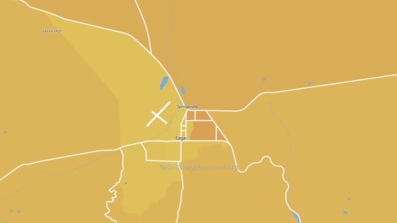 Map of the best neighborhoods in the Springerville area, with better matches in green and worse matches in red