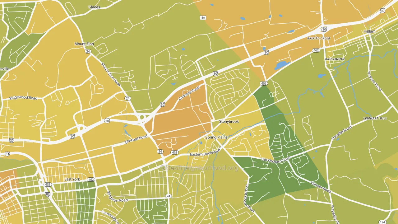 Map of the best neighborhoods in the Springetts Manor-Yorklyn, York area, with better matches in green and worse matches in red