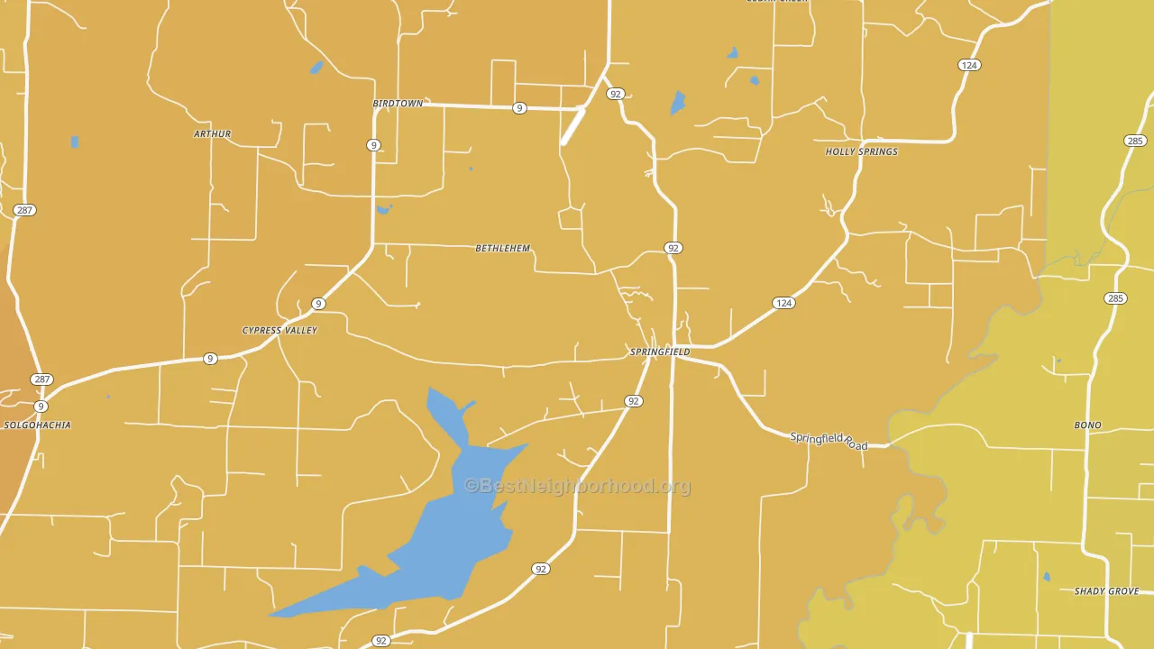 Map of the best neighborhoods in the Springfield area, with better matches in green and worse matches in red