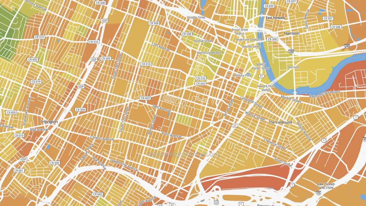 Map of the best neighborhoods in the Springfield-Belmont, Newark area, with better matches in green and worse matches in red