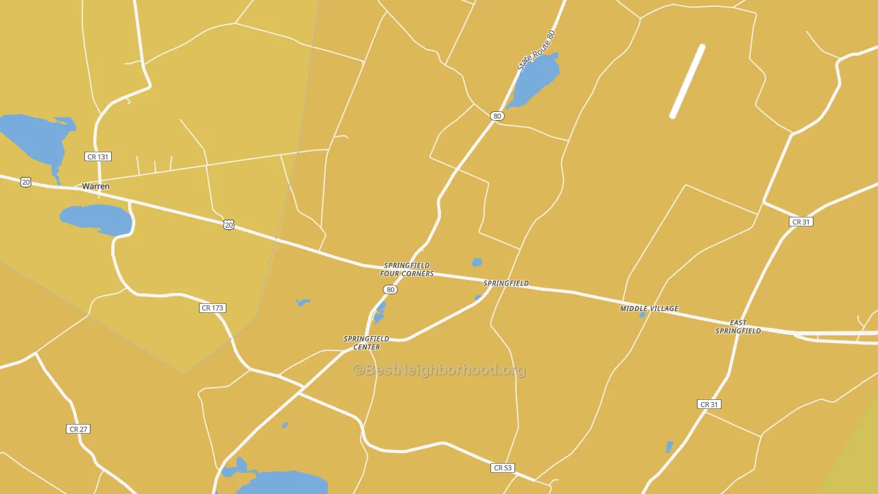 Map of the best neighborhoods in the Springfield Center area, with better matches in green and worse matches in red