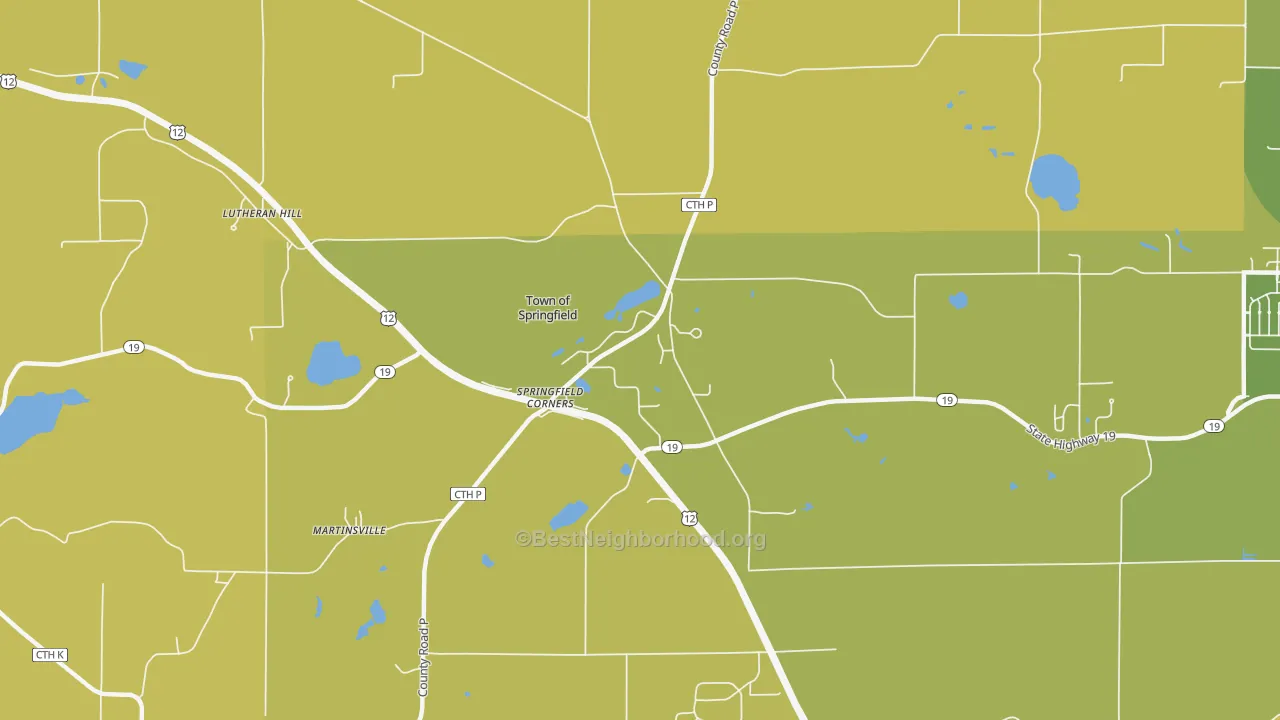 Map of the best neighborhoods in the Springfield Corners area, with better matches in green and worse matches in red