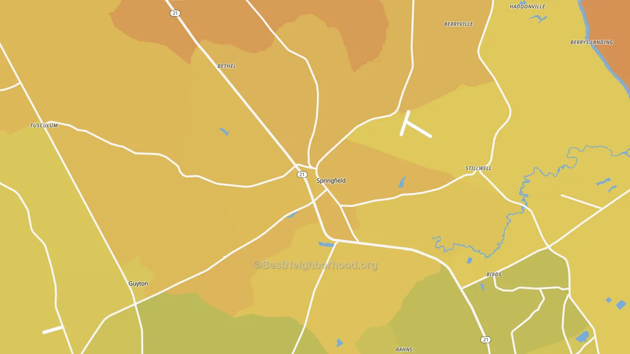 Map of the best neighborhoods in the Springfield area, with better matches in green and worse matches in red