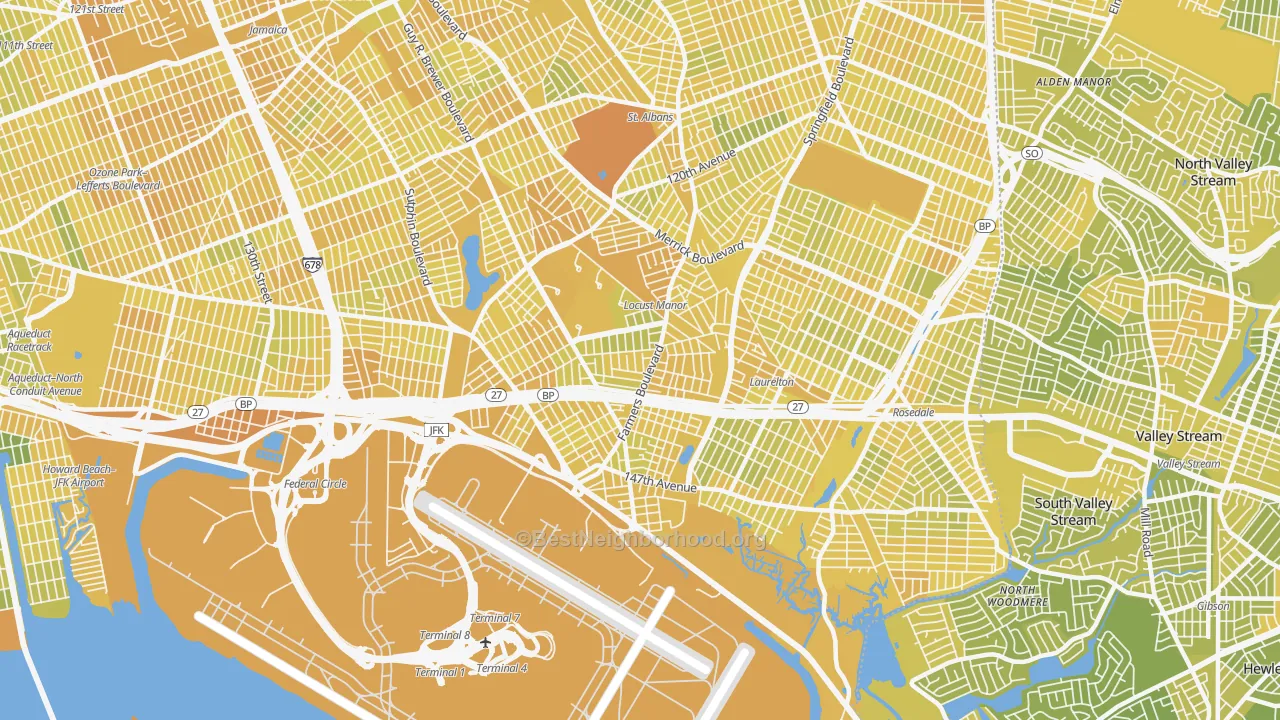 Map of the best neighborhoods in the Springfield Gardens, Queens area, with better matches in green and worse matches in red
