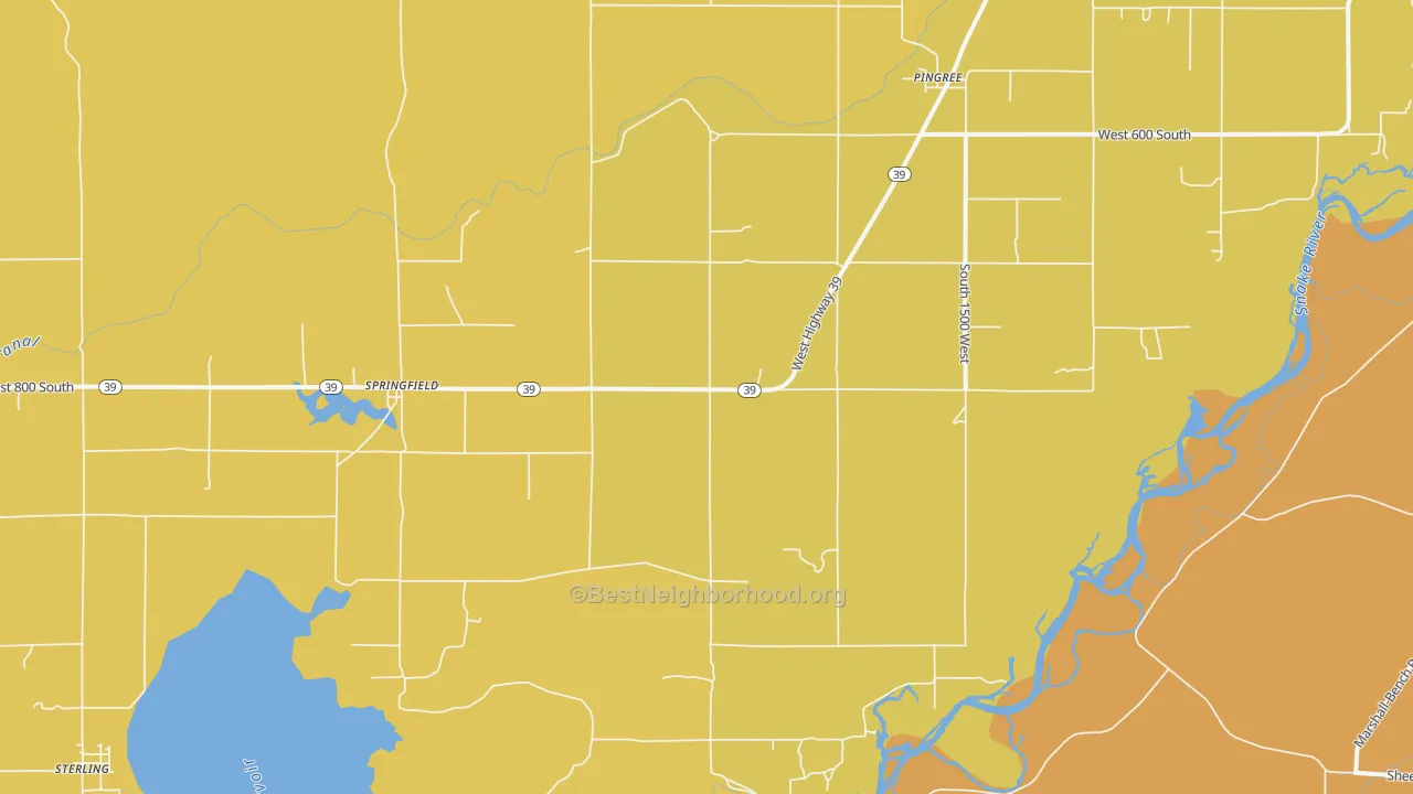 Map of the best neighborhoods in the Springfield area, with better matches in green and worse matches in red