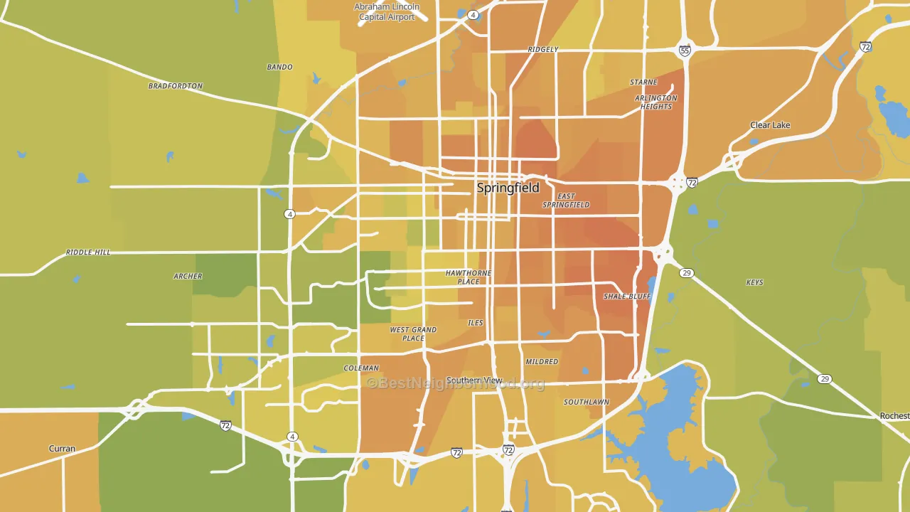 Map of the best neighborhoods in the Springfield Metro area, with better matches in green and worse matches in red