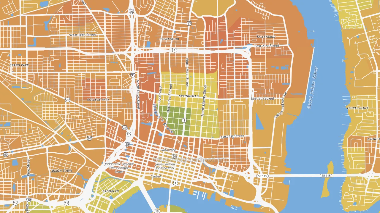 Map of the best neighborhoods in the Springfield, Jacksonville area, with better matches in green and worse matches in red