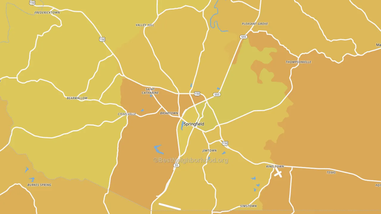 Map of the best neighborhoods in the Springfield area, with better matches in green and worse matches in red