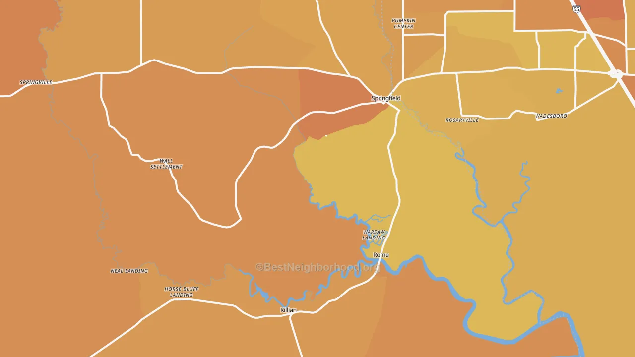 Map of the best neighborhoods in the Springfield area, with better matches in green and worse matches in red