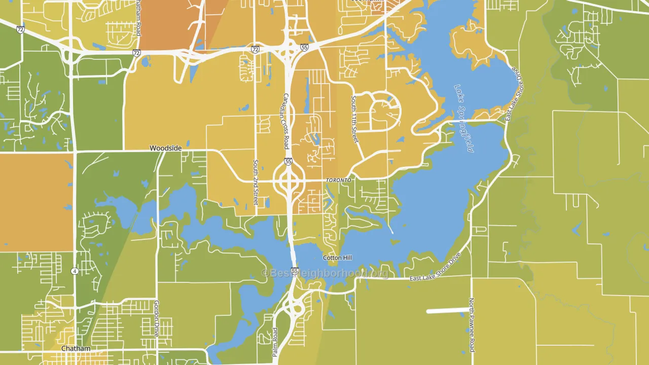 Map of the best neighborhoods in the Springfield Lake Shore Improvement, Springfield area, with better matches in green and worse matches in red
