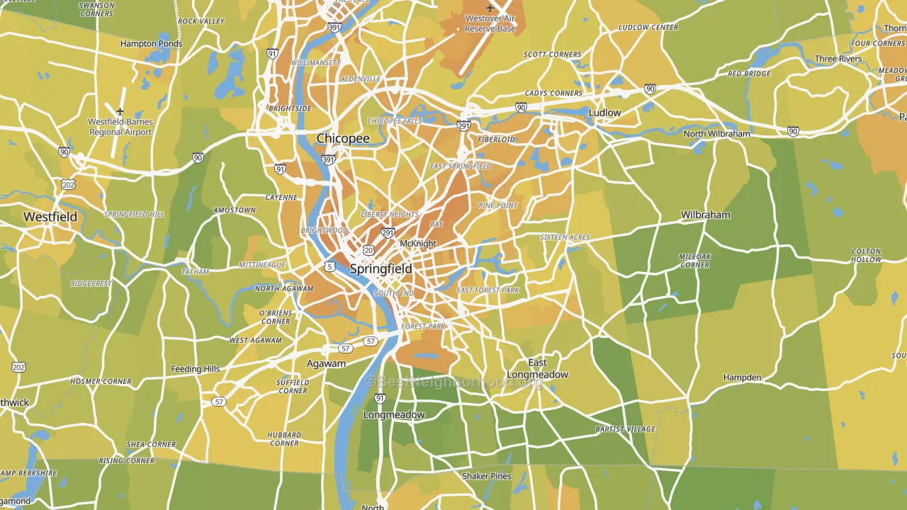 Map of the best neighborhoods in the Springfield Metro area, with better matches in green and worse matches in red