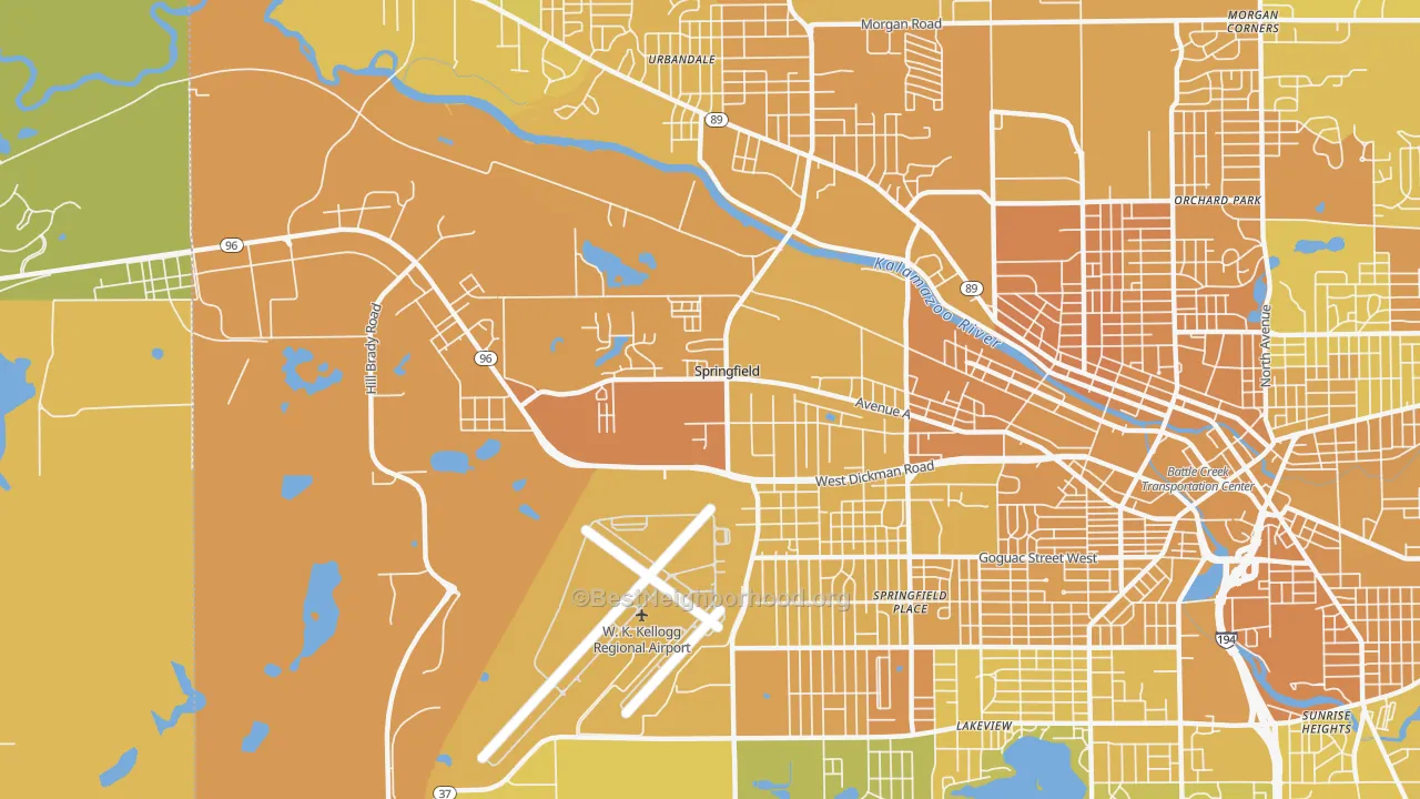 Map of the best neighborhoods in the Springfield area, with better matches in green and worse matches in red