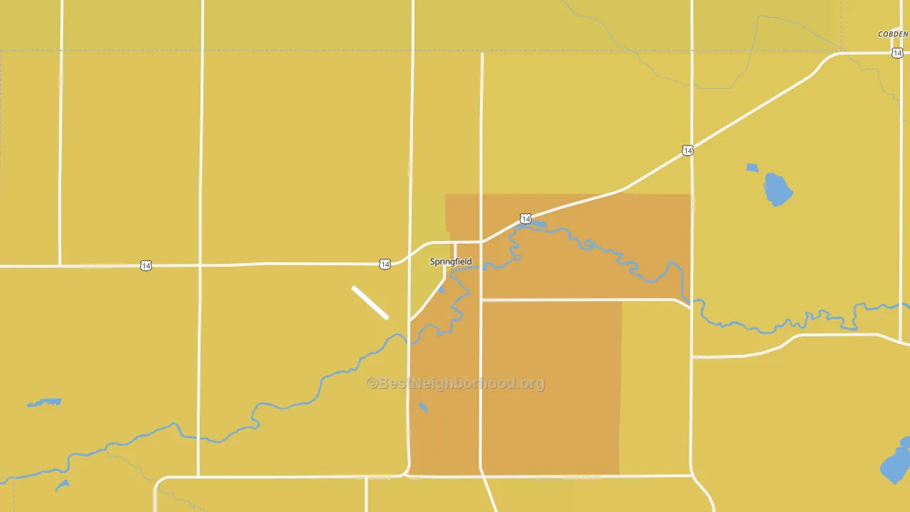 Map of the best neighborhoods in the Springfield area, with better matches in green and worse matches in red