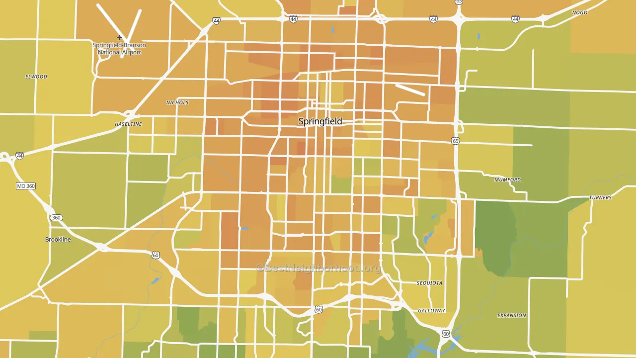 Map of the best neighborhoods in the Springfield Metro area, with better matches in green and worse matches in red