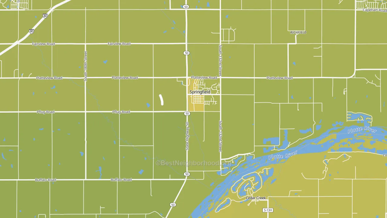 Map of the best neighborhoods in the Springfield area, with better matches in green and worse matches in red