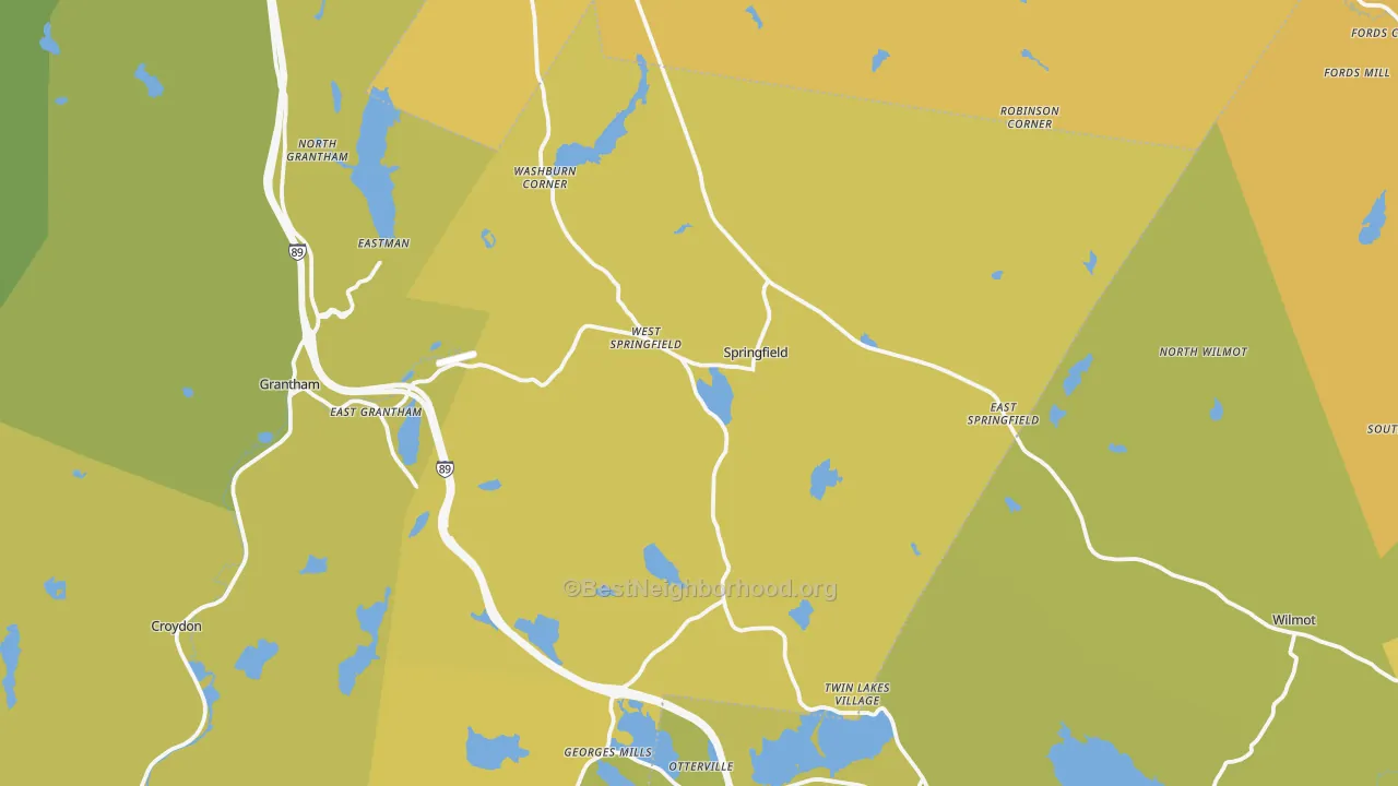Map of the best neighborhoods in the Springfield area, with better matches in green and worse matches in red