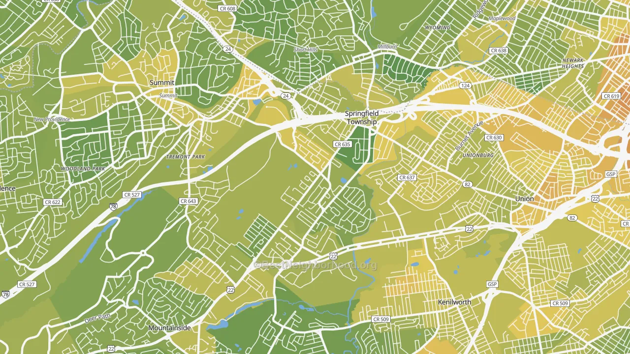 Map of the best neighborhoods in the Springfield area, with better matches in green and worse matches in red