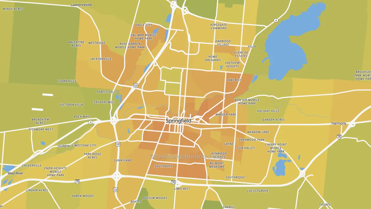 Map of the best neighborhoods in the Springfield Metro area, with better matches in green and worse matches in red