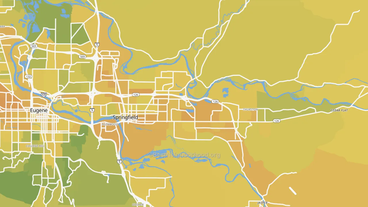 Map of the best neighborhoods in the Springfield area, with better matches in green and worse matches in red