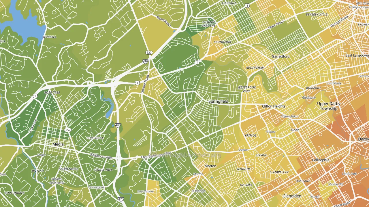 Map of the best neighborhoods in the Springfield area, with better matches in green and worse matches in red