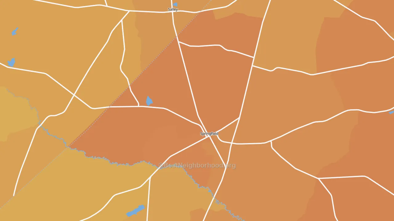 Map of the best neighborhoods in the Springfield area, with better matches in green and worse matches in red