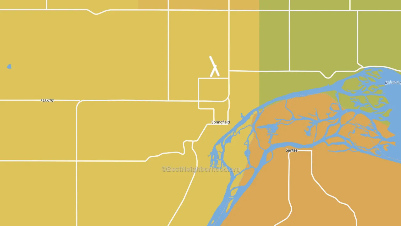 Map of the best neighborhoods in the Springfield area, with better matches in green and worse matches in red