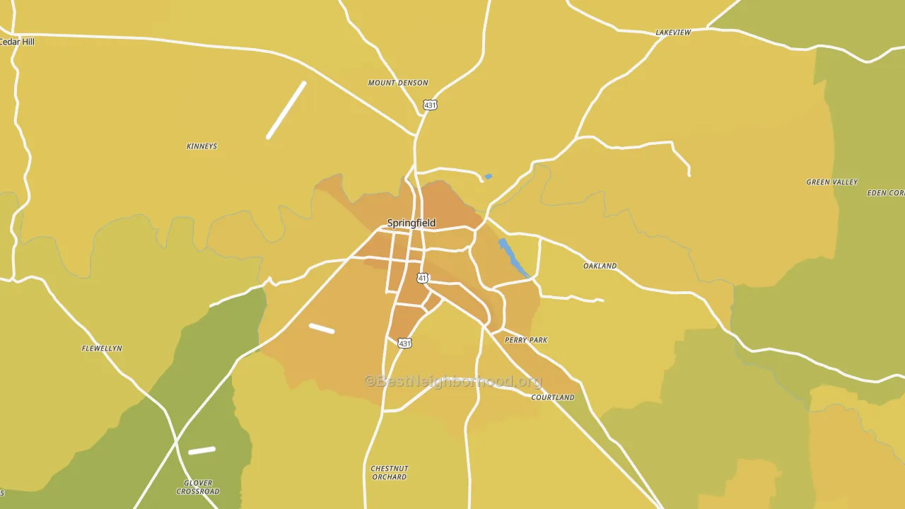 Map of the best neighborhoods in the Springfield area, with better matches in green and worse matches in red