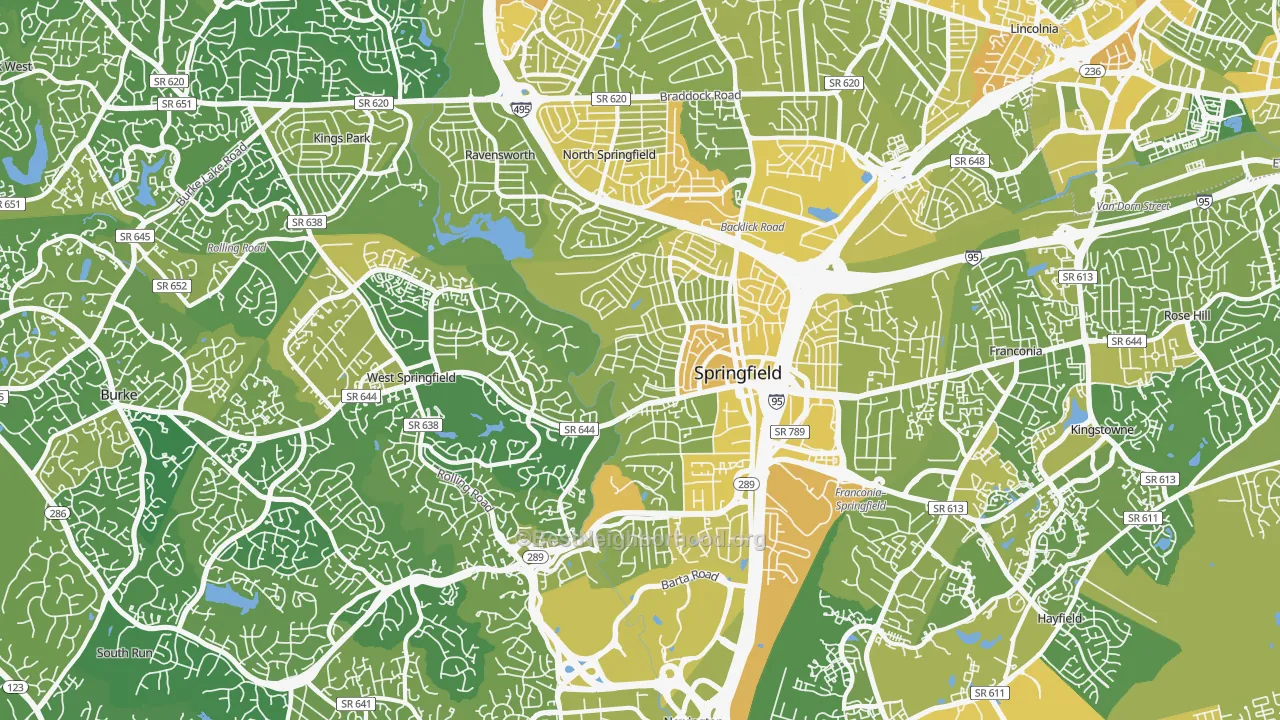 Map of the best neighborhoods in the Springfield area, with better matches in green and worse matches in red