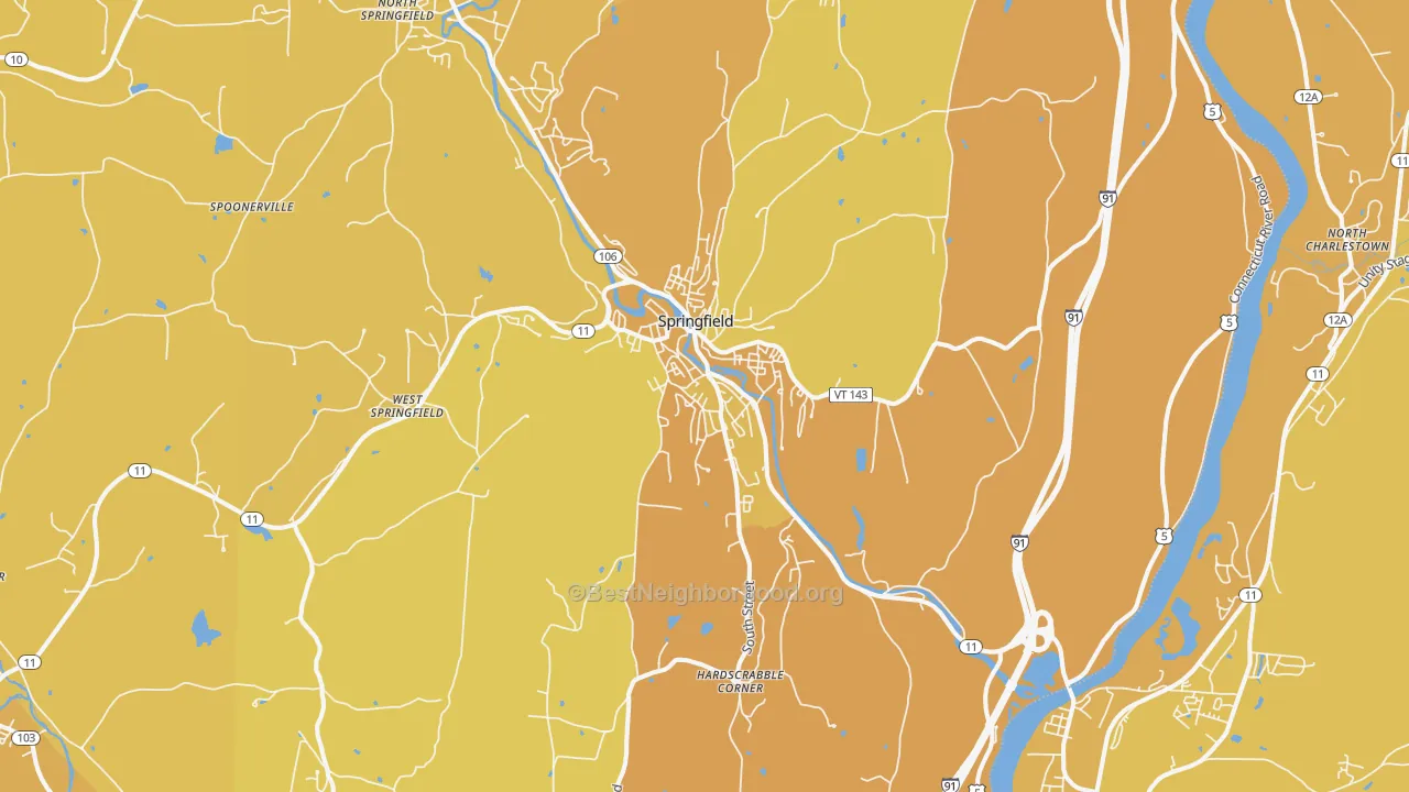 Map of the best neighborhoods in the Springfield area, with better matches in green and worse matches in red