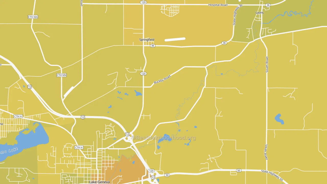 Map of the best neighborhoods in the Springfield area, with better matches in green and worse matches in red