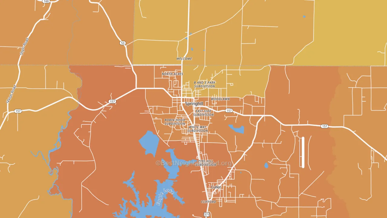 Map of the best neighborhoods in the Springhill area, with better matches in green and worse matches in red