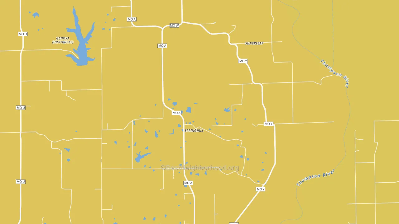 Map of the best neighborhoods in the Springhill area, with better matches in green and worse matches in red