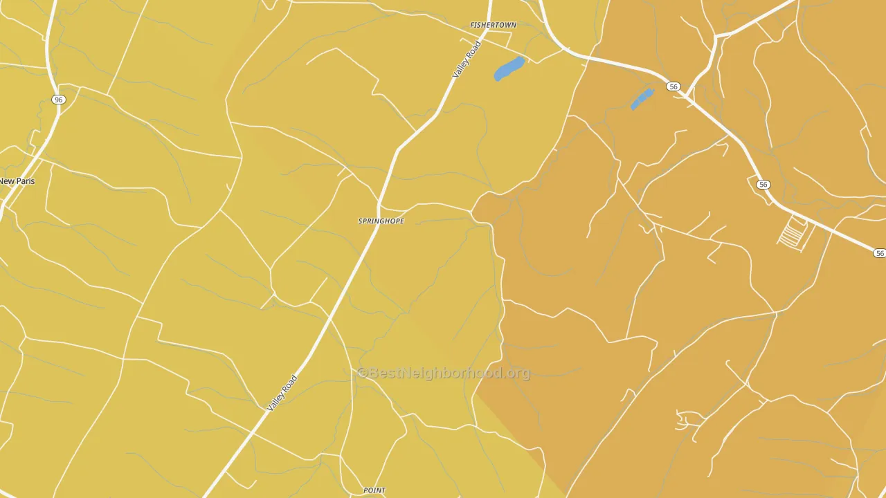 Map of the best neighborhoods in the Springhope area, with better matches in green and worse matches in red