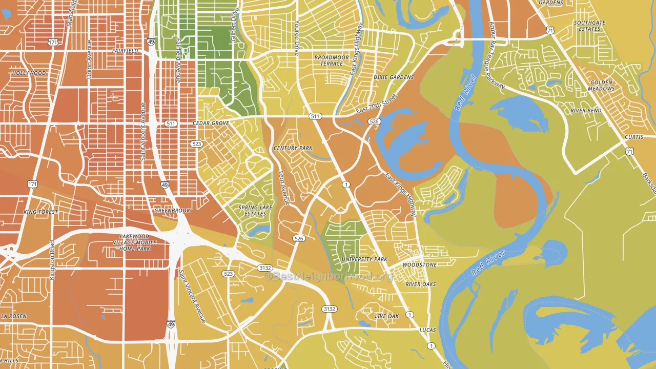 Map of the best neighborhoods in the Springlake-University Terrace, Shreveport area, with better matches in green and worse matches in red
