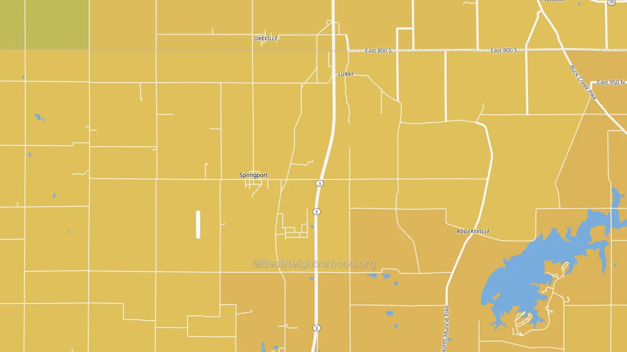 Map of the best neighborhoods in the Springport area, with better matches in green and worse matches in red