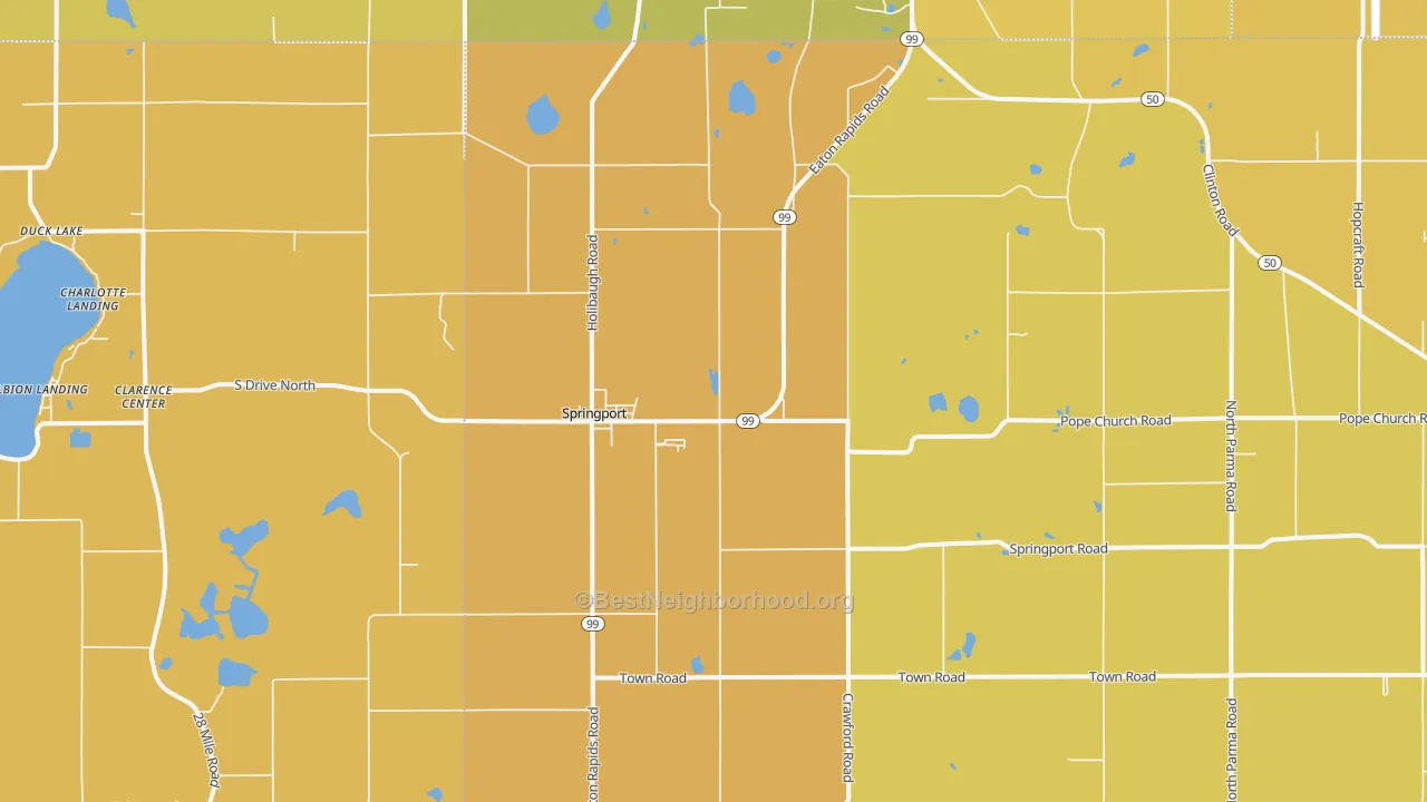 Map of the best neighborhoods in the Springport area, with better matches in green and worse matches in red